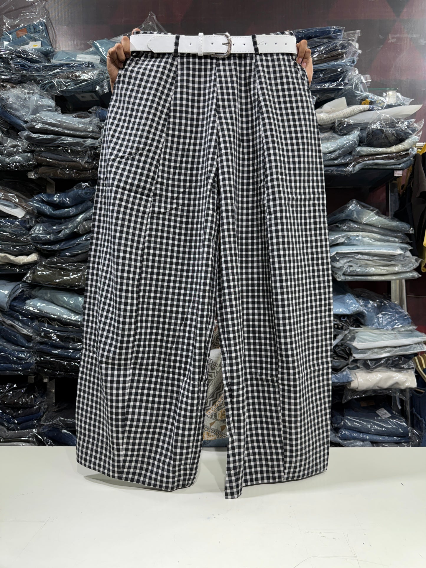 Korean Imported Check Wide Leg Pants with Belt