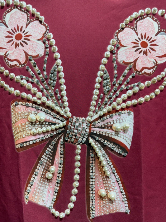 Imported Party Wear Oversized Pearl & Stone Bow T-Shirt