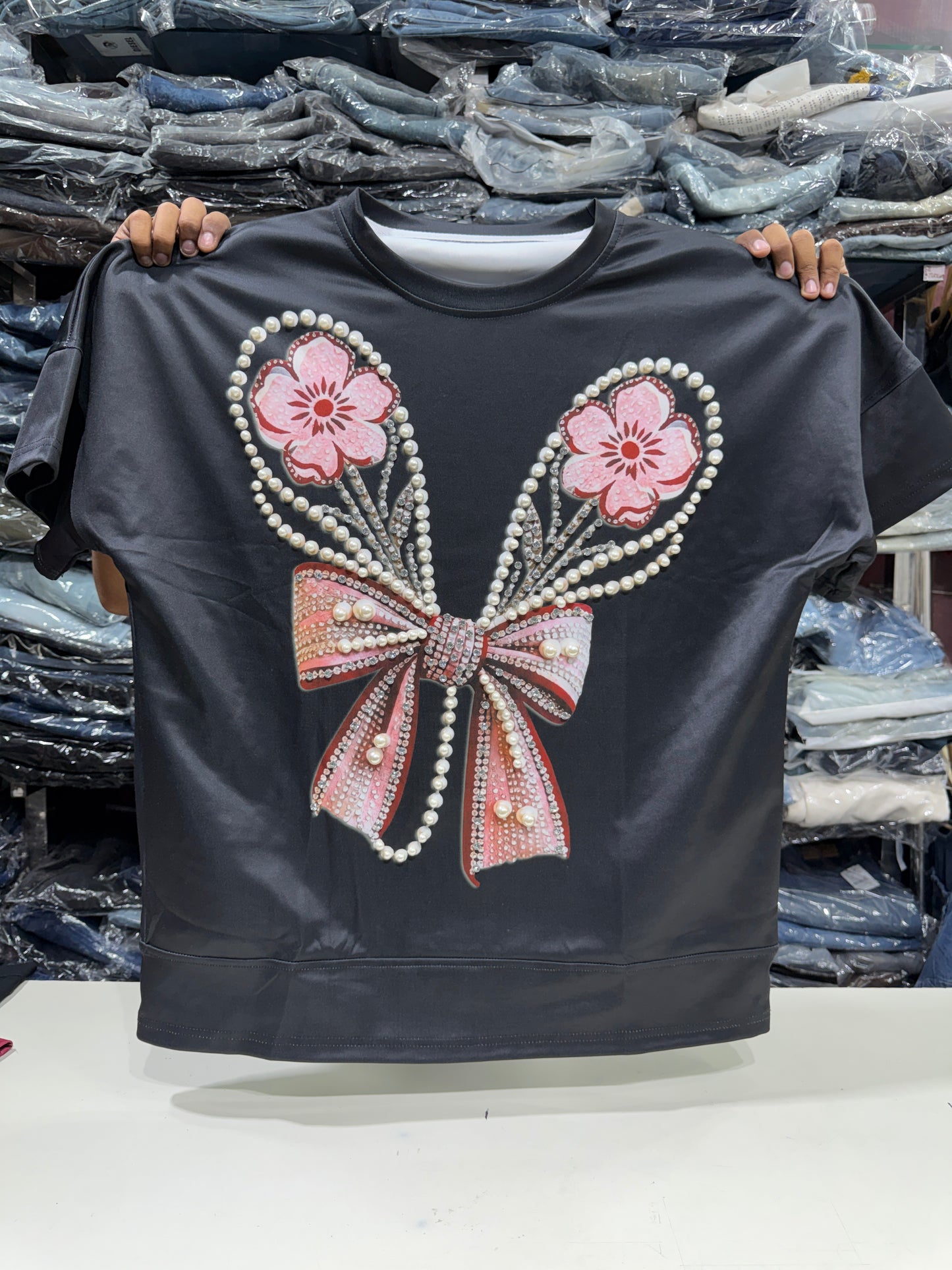 Imported Party Wear Oversized Pearl & Stone Bow T-Shirt