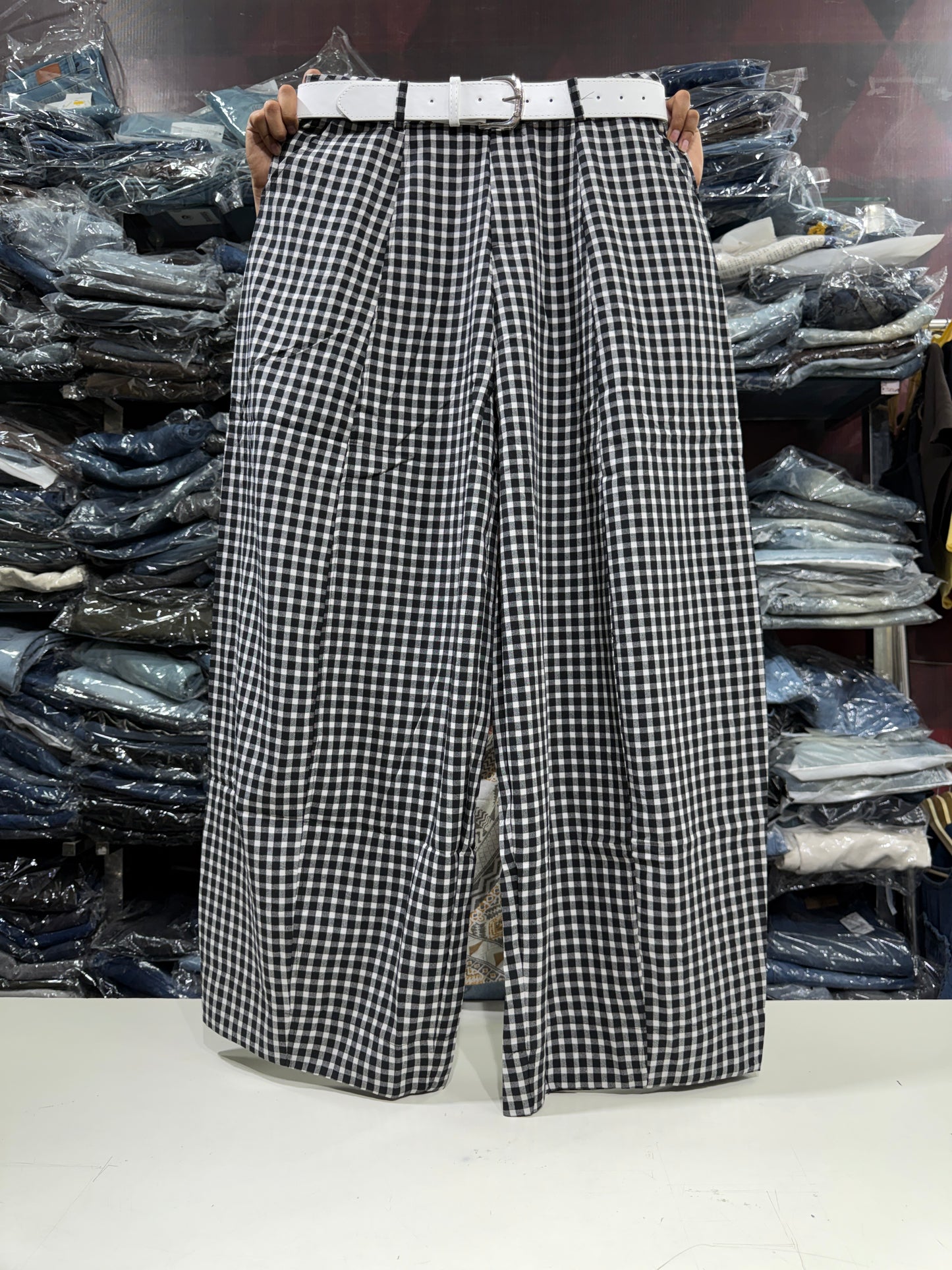 Korean Imported Check Wide Leg Pants with Belt