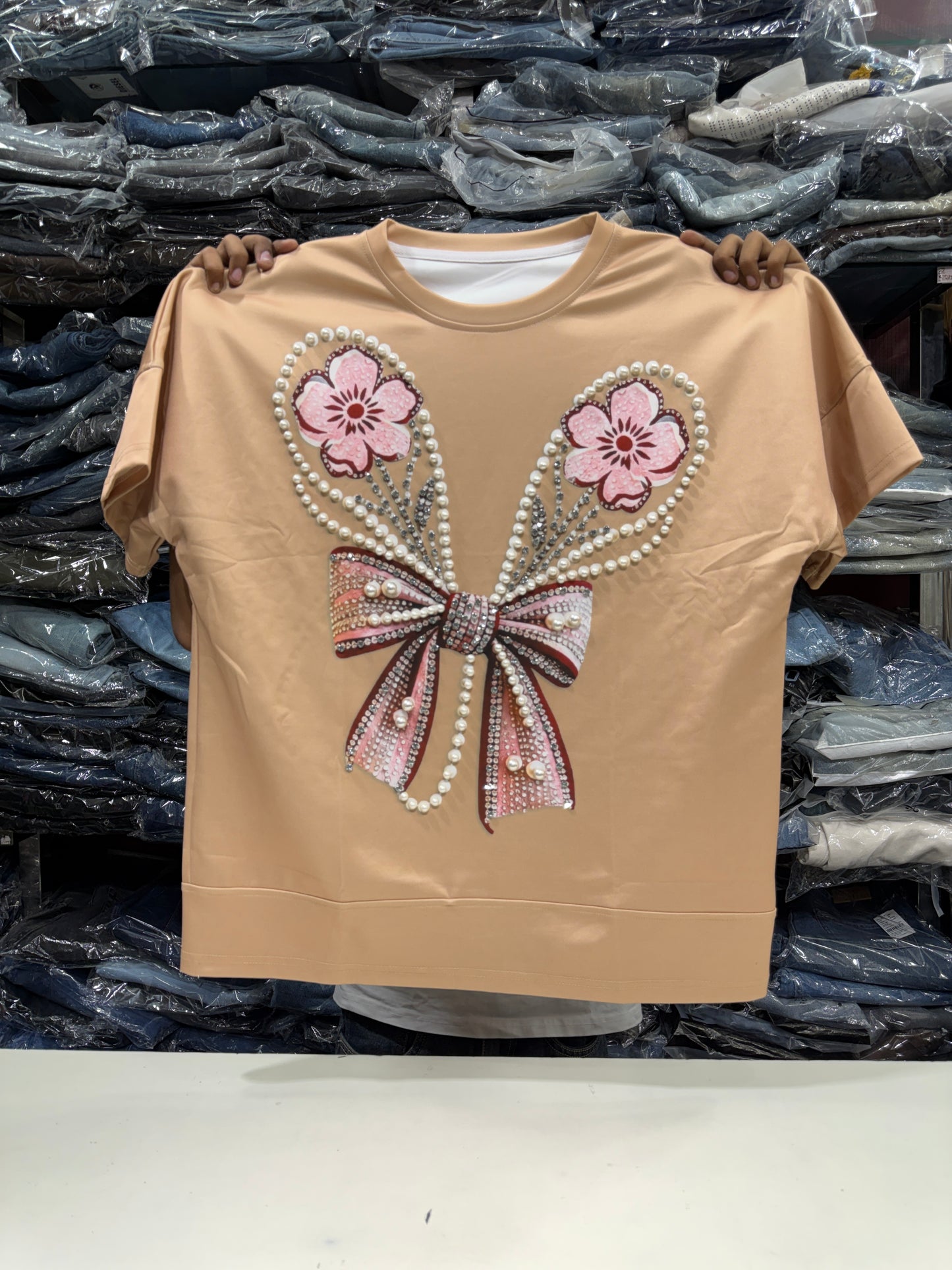 Imported Party Wear Oversized Pearl & Stone Bow T-Shirt