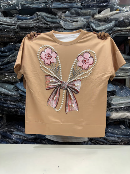 Imported Party Wear Oversized Pearl & Stone Bow T-Shirt