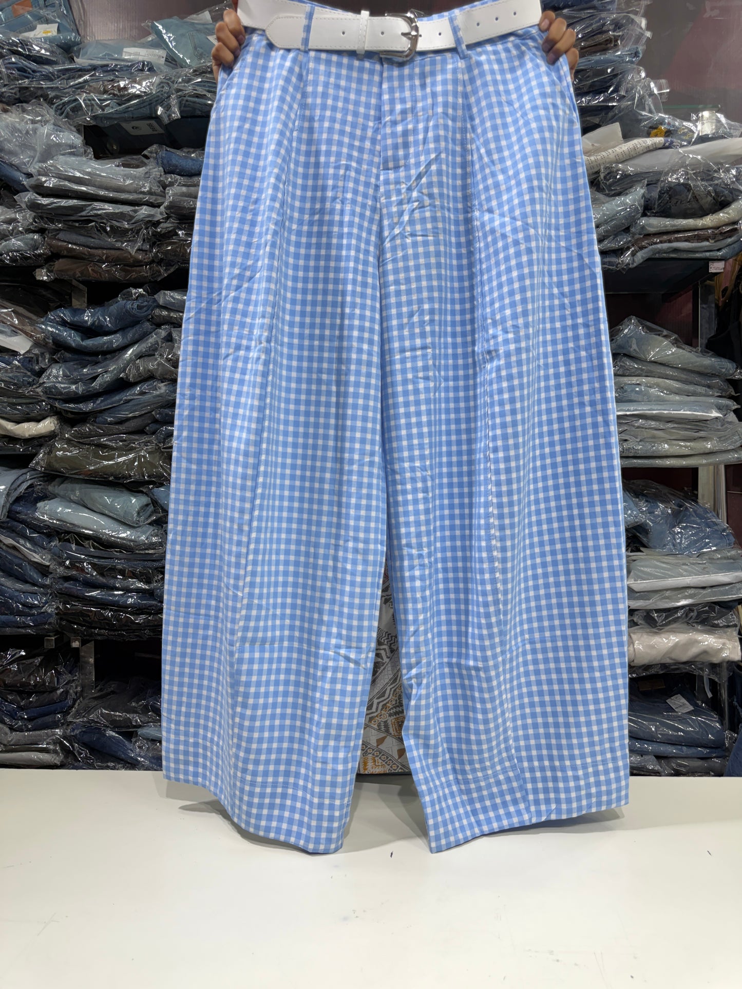 Korean Imported Check Wide Leg Pants with Belt