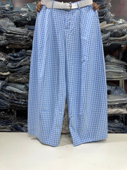Korean Imported Check Wide Leg Pants with Belt