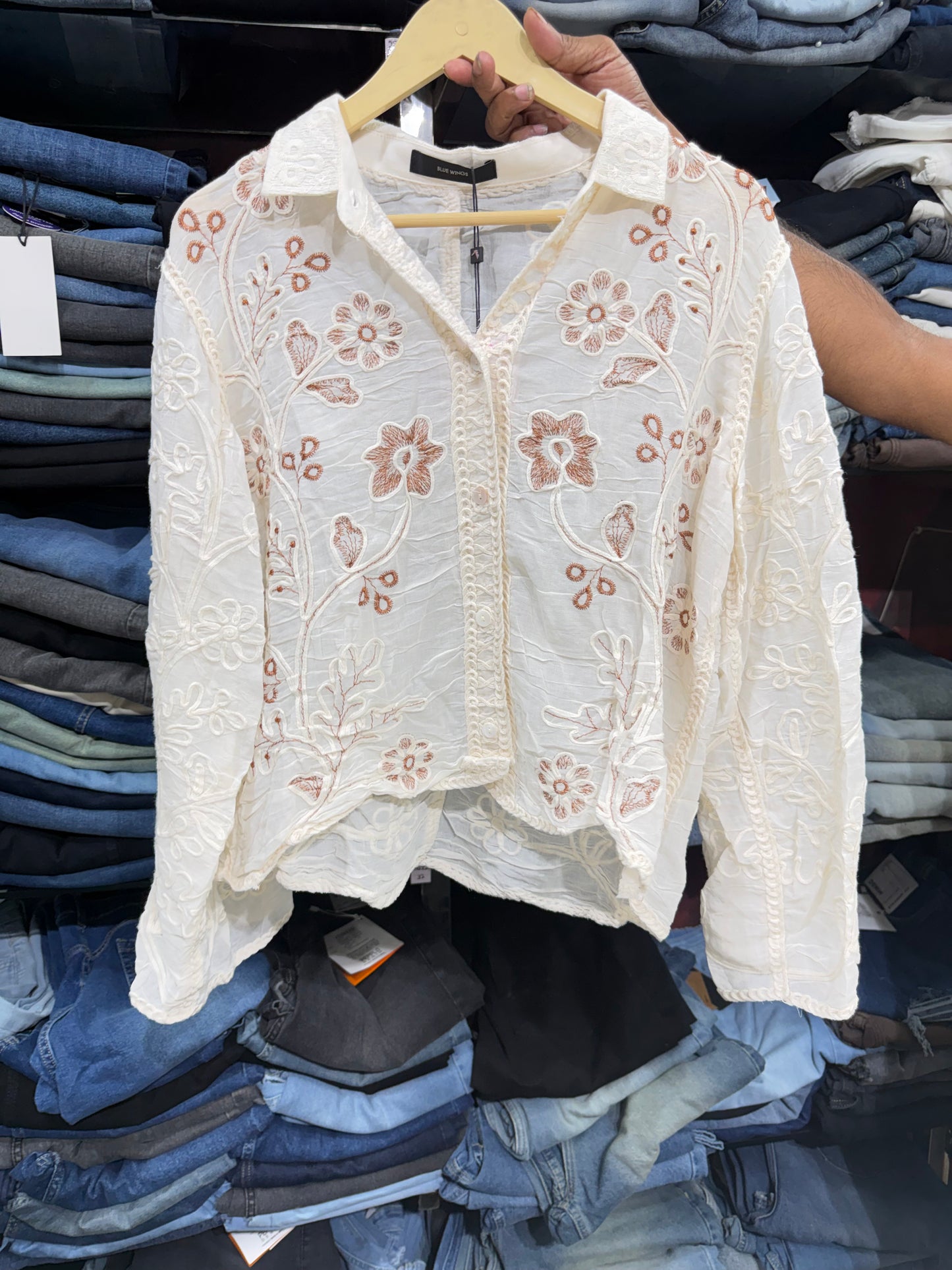 White Crushed Mulmul Cotton Floral Thread Work Shirt
