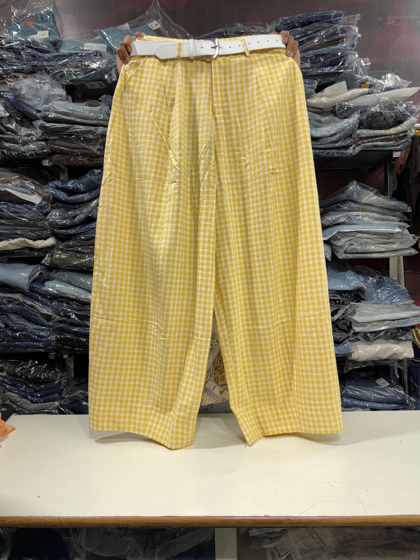 Korean Imported Check Wide Leg Pants with Belt