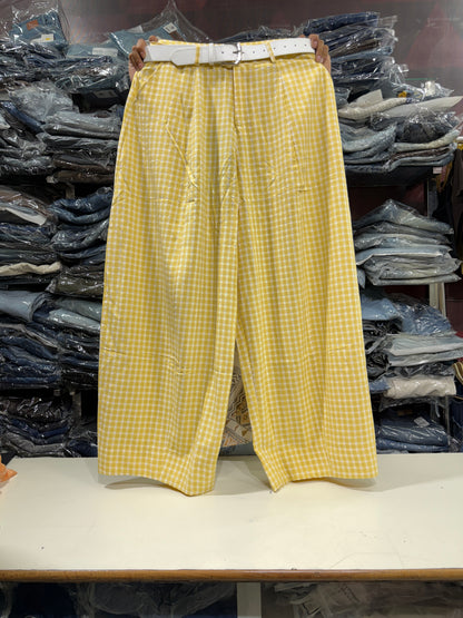 Korean Imported Check Wide Leg Pants with Belt