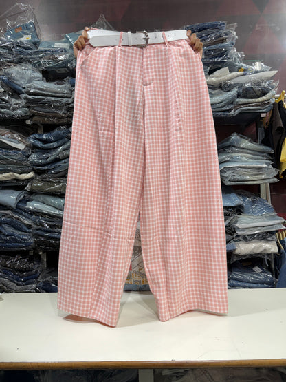 Korean Imported Check Wide Leg Pants with Belt