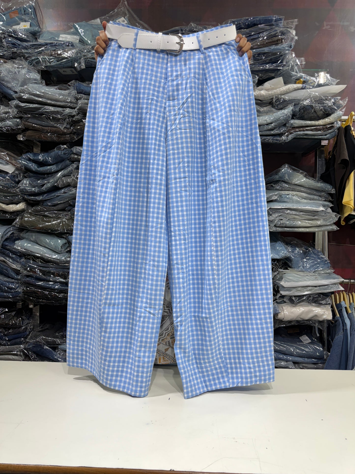 Korean Imported Check Wide Leg Pants with Belt