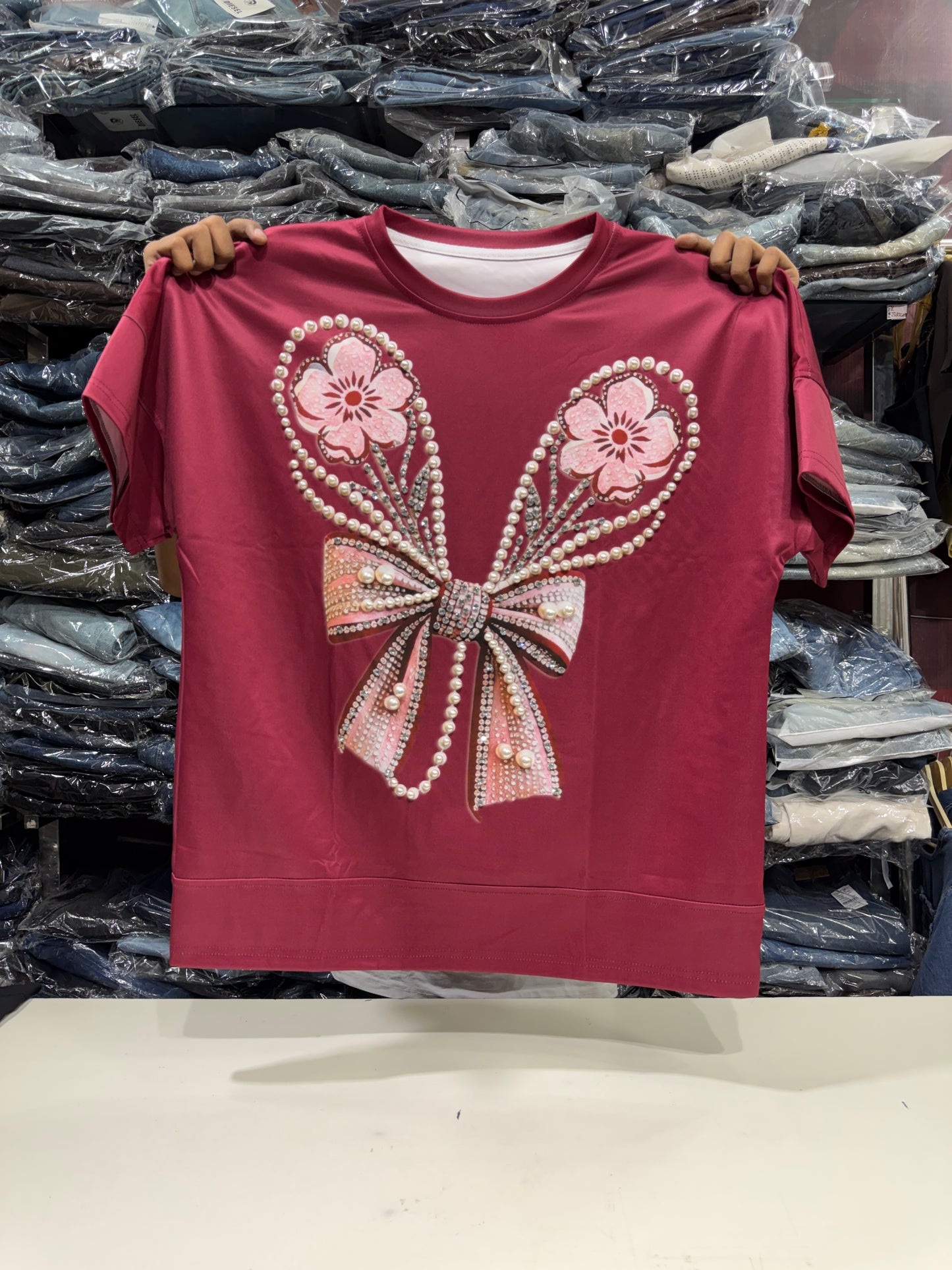 Imported Party Wear Oversized Pearl & Stone Bow T-Shirt