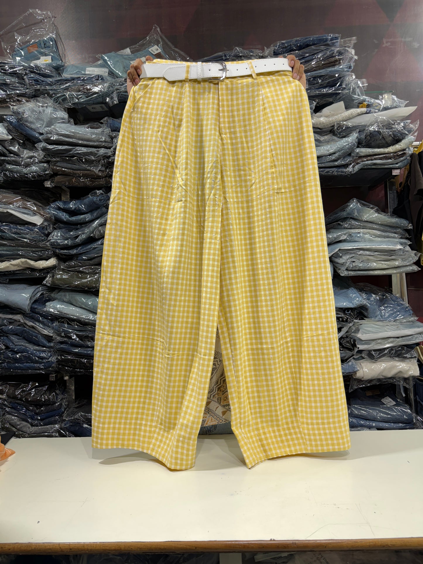 Korean Imported Check Wide Leg Pants with Belt