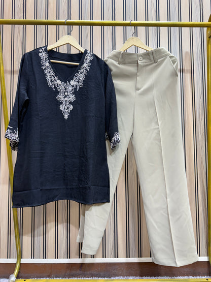 Korean Pants & Short Embroidered Kurti Co-ord Set for Women