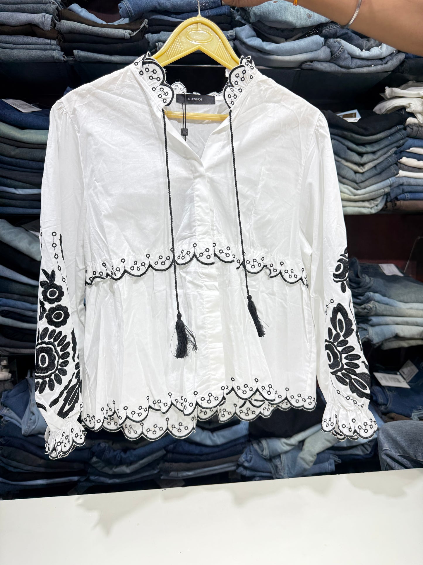 Cotton Peplum Top with Black Embroidery