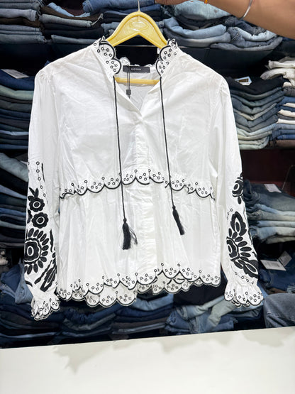 Cotton Peplum Top with Black Embroidery
