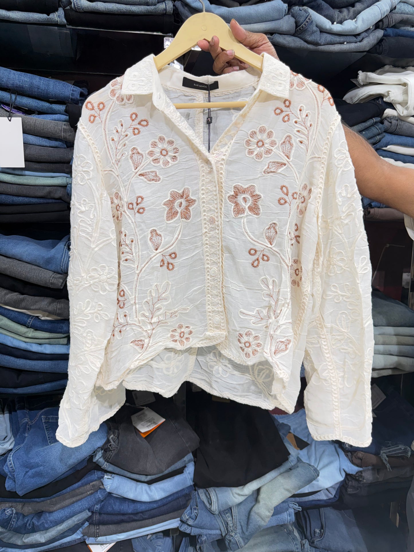 White Crushed Mulmul Cotton Floral Thread Work Shirt