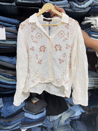 White Crushed Mulmul Cotton Floral Thread Work Shirt