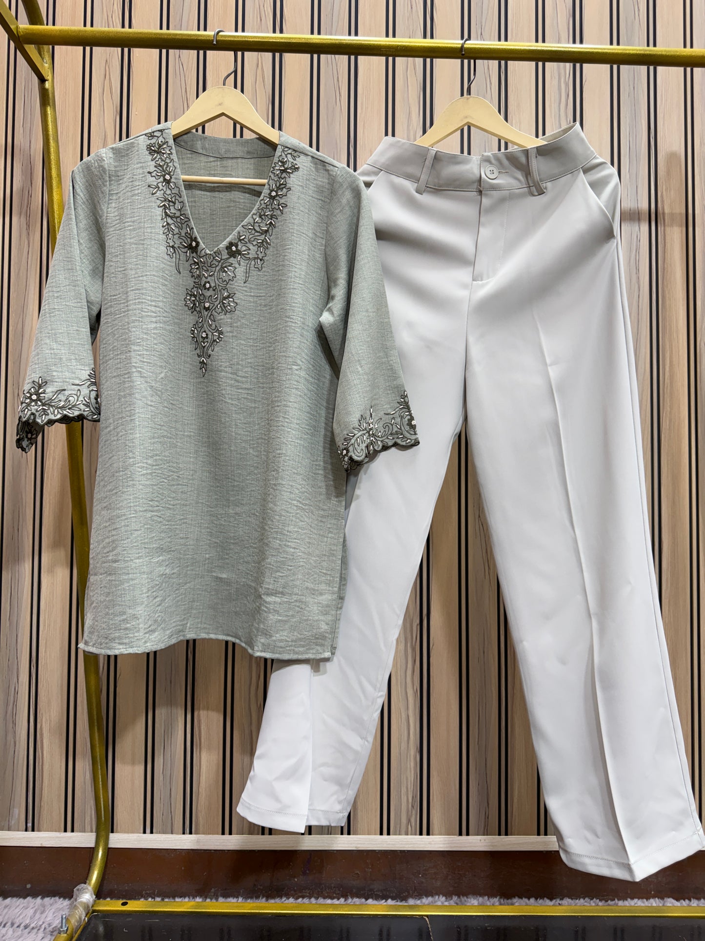Korean Pants & Short Embroidered Kurti Co-ord Set for Women