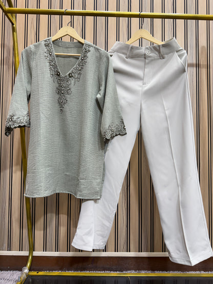 Korean Pants & Short Embroidered Kurti Co-ord Set for Women