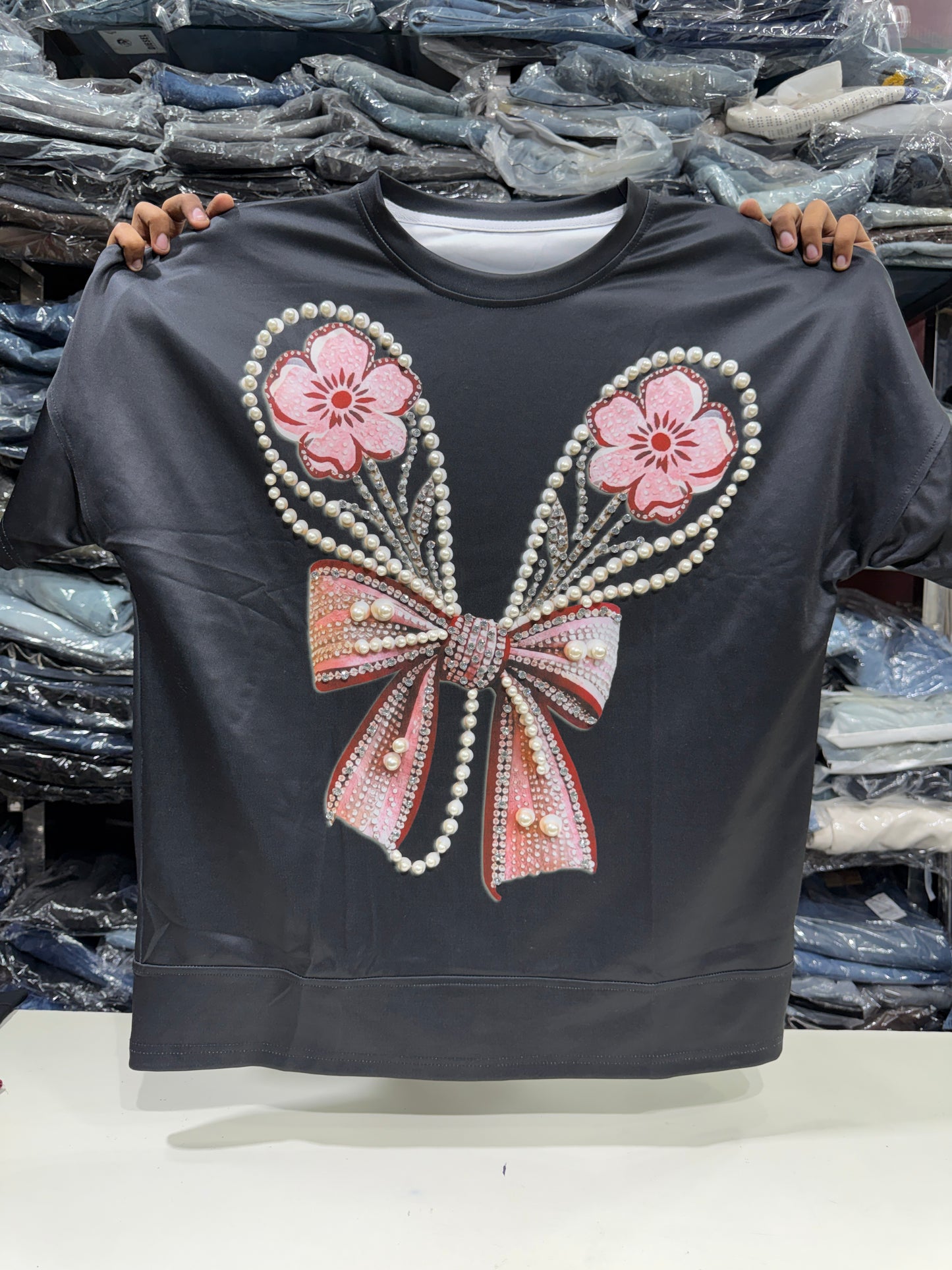 Imported Party Wear Oversized Pearl & Stone Bow T-Shirt