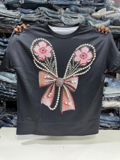Imported Party Wear Oversized Pearl & Stone Bow T-Shirt