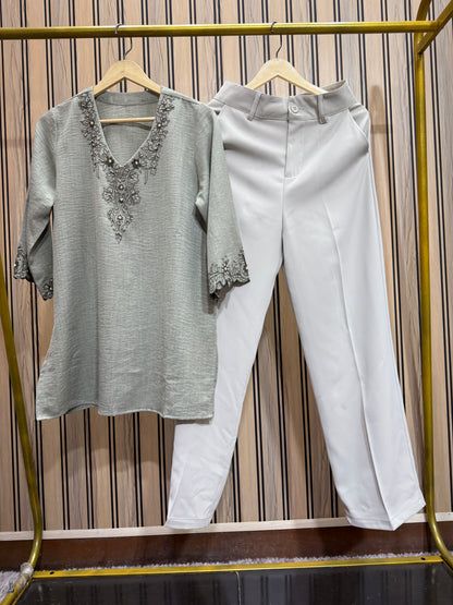 Korean Pants & Short Embroidered Kurti Co-ord Set for Women