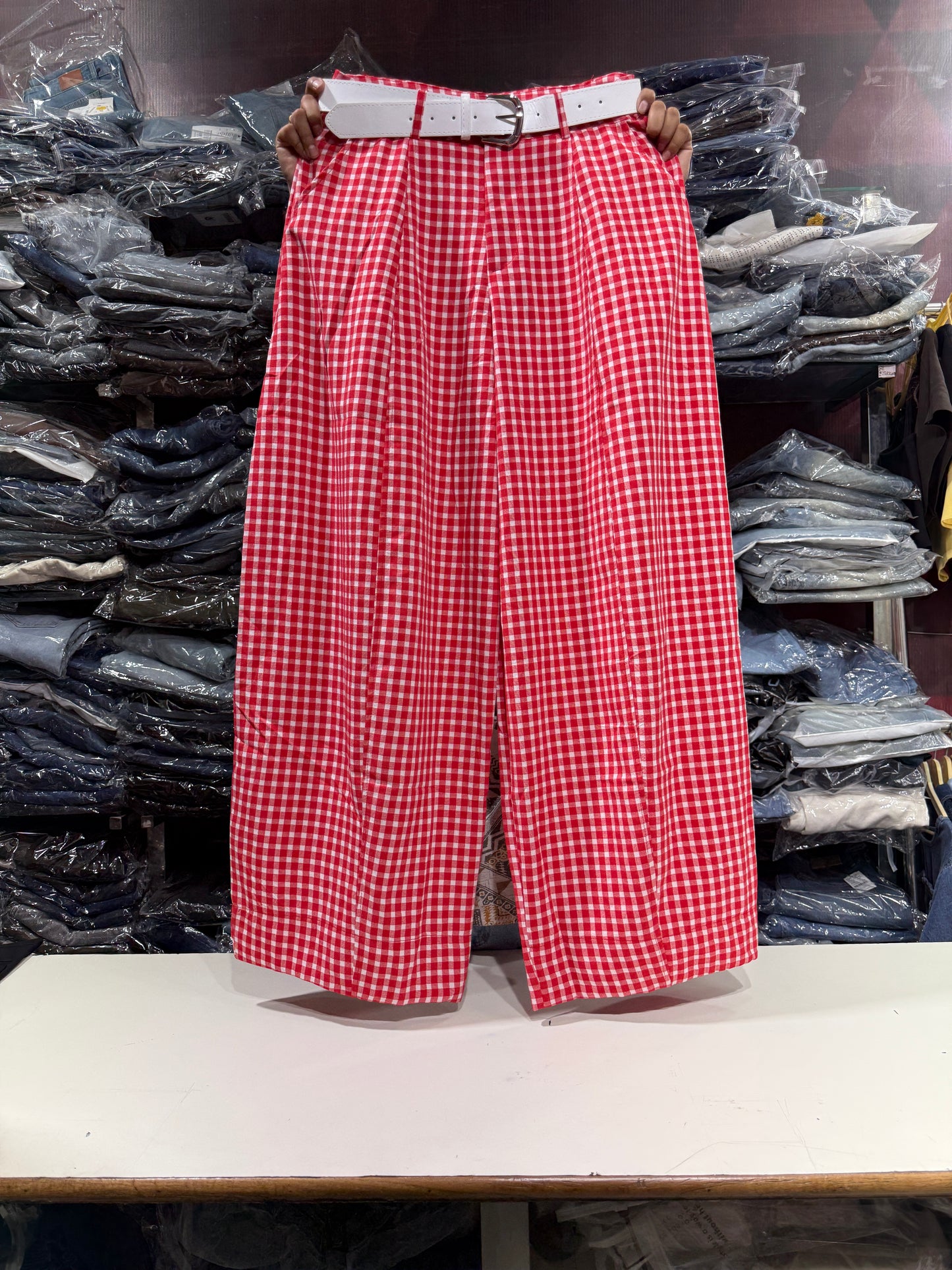 Korean Imported Check Wide Leg Pants with Belt