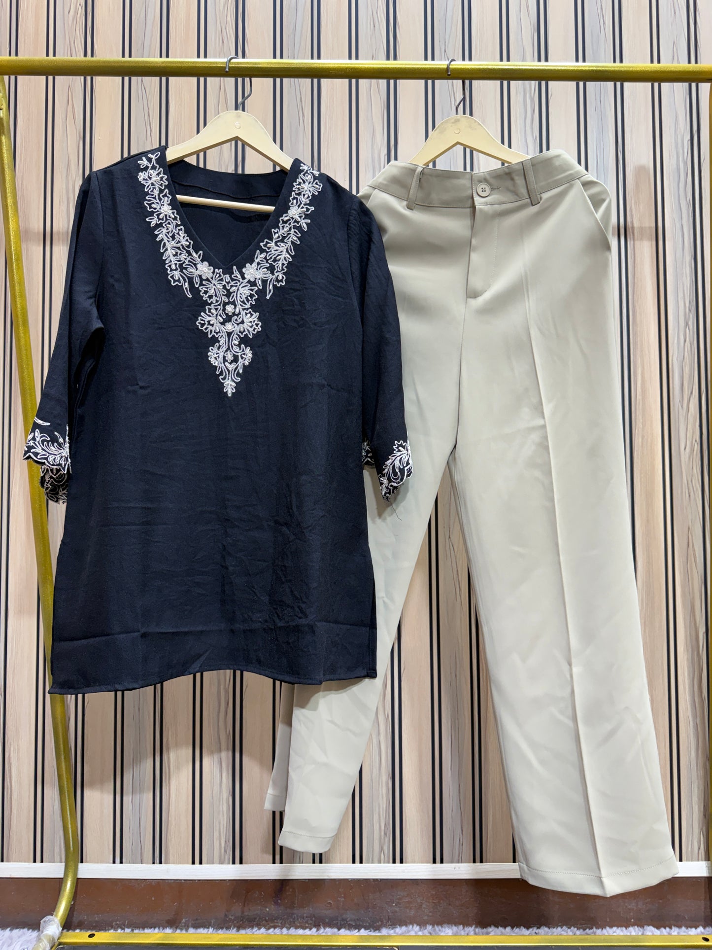 Korean Pants & Short Embroidered Kurti Co-ord Set for Women