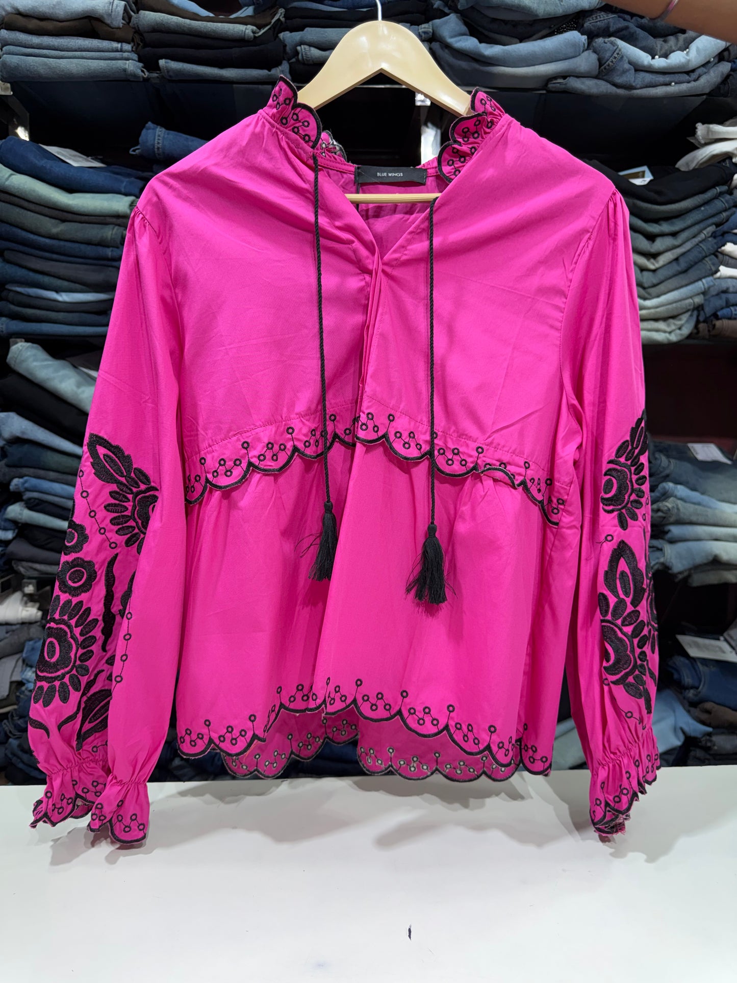 Cotton Peplum Top with Black Embroidery