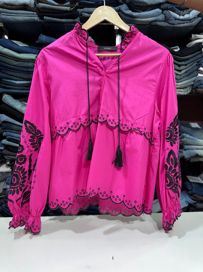 Cotton Peplum Top with Black Embroidery