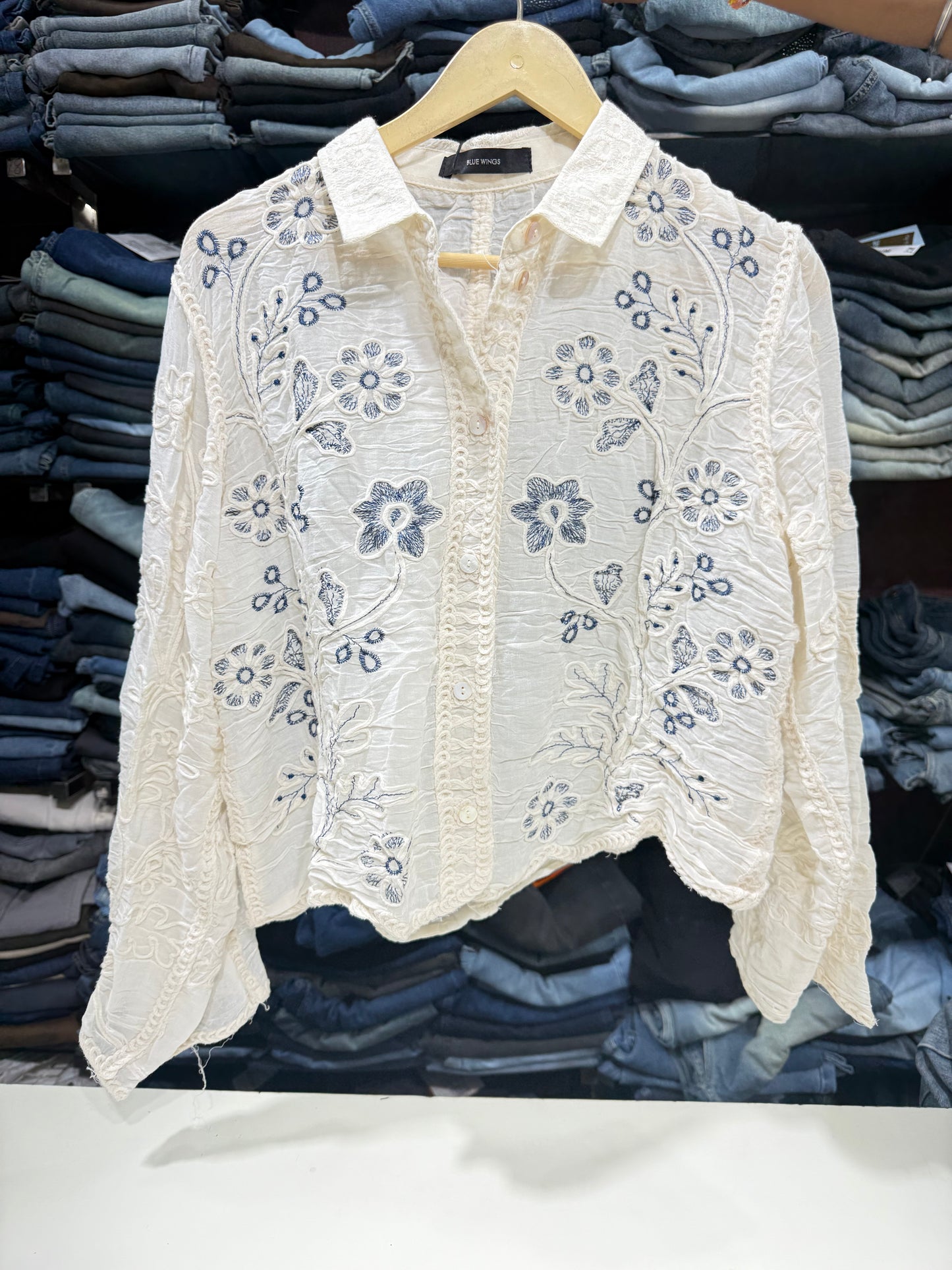 White Crushed Mulmul Cotton Floral Thread Work Shirt