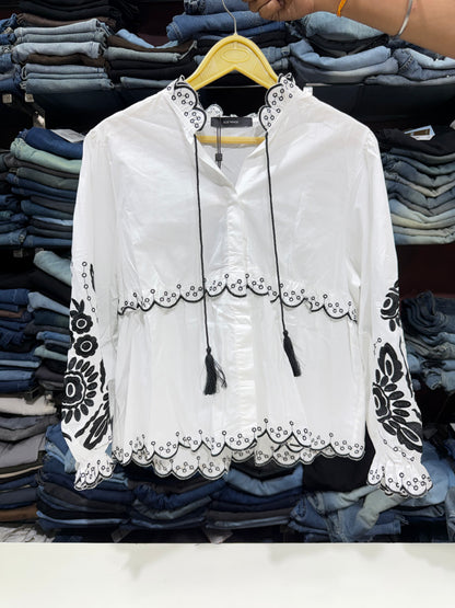 Cotton Peplum Top with Black Embroidery