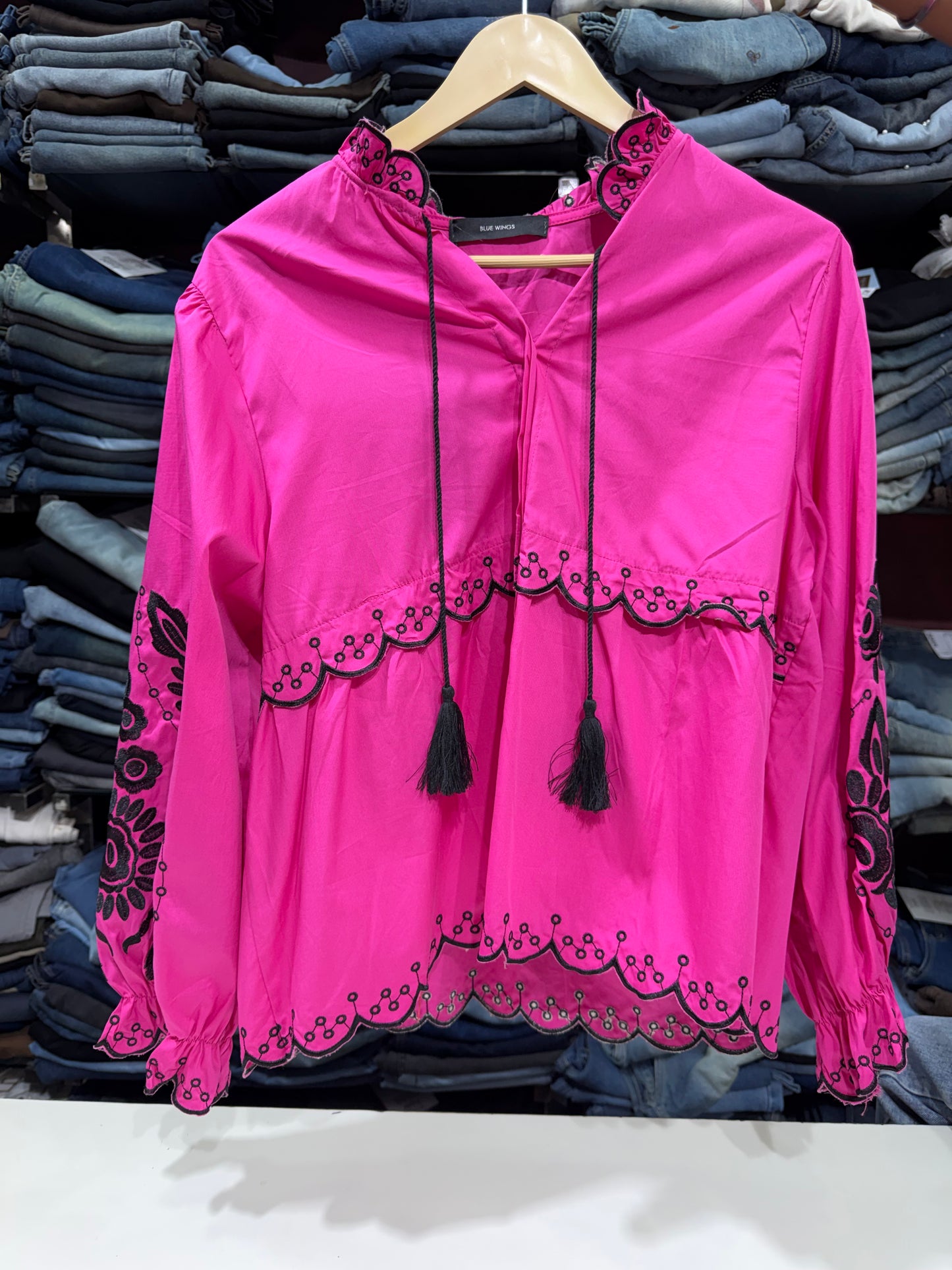 Cotton Peplum Top with Black Embroidery