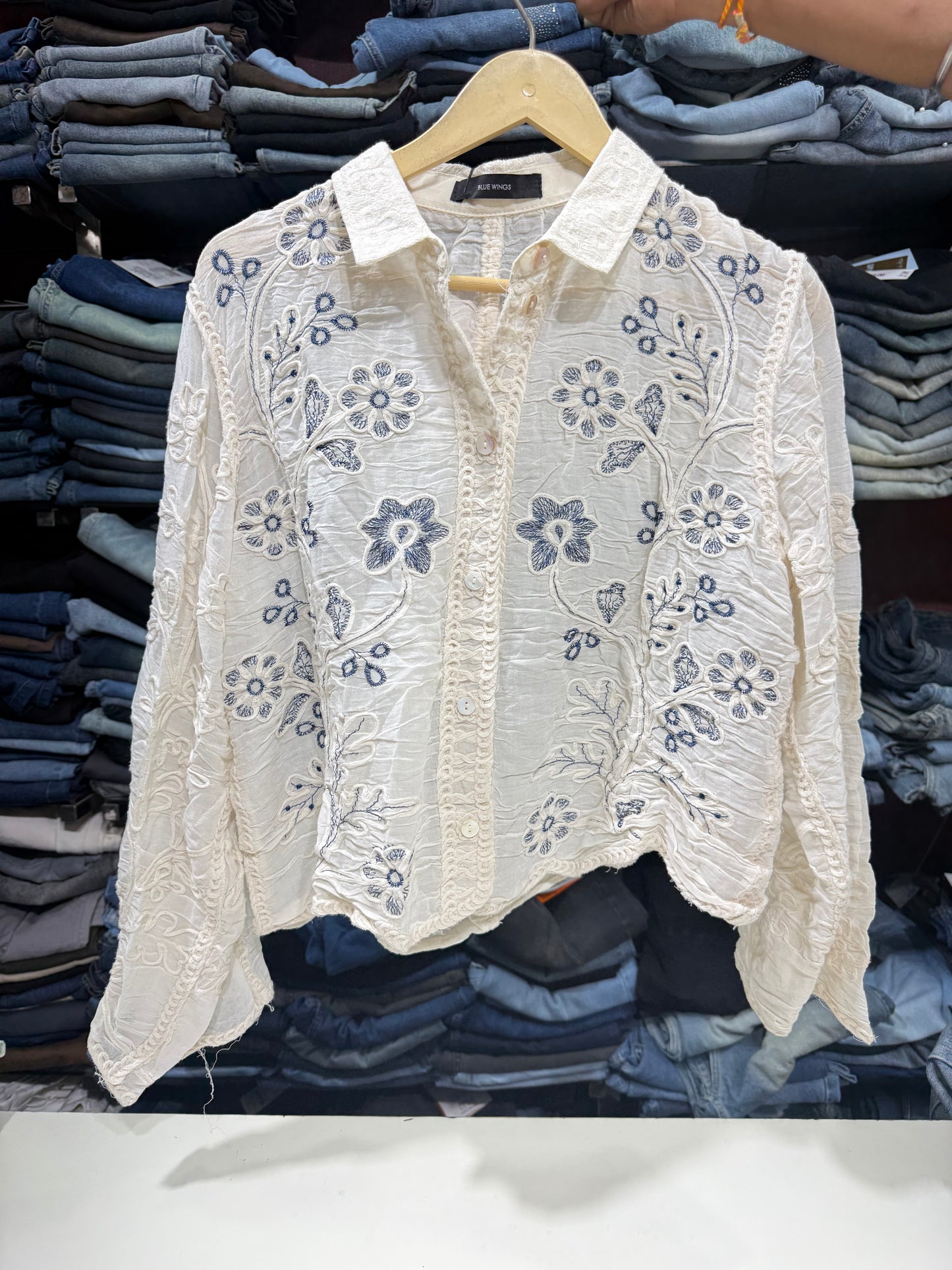 White Crushed Mulmul Cotton Floral Thread Work Shirt