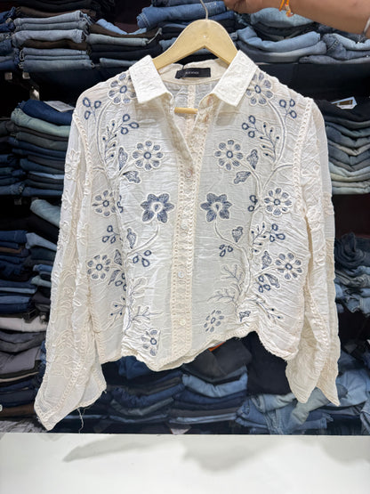 White Crushed Mulmul Cotton Floral Thread Work Shirt