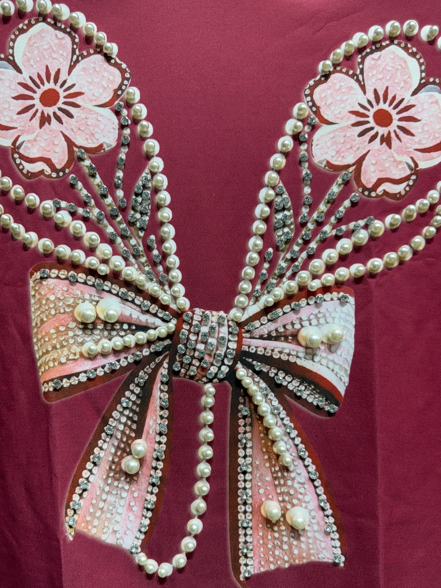 Imported Party Wear Oversized Pearl & Stone Bow T-Shirt