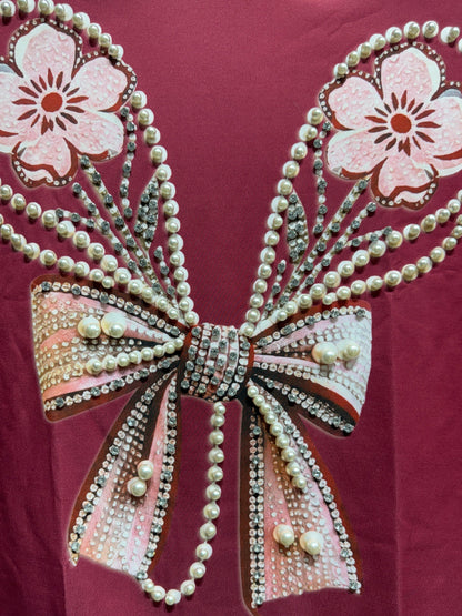 Imported Party Wear Oversized Pearl & Stone Bow T-Shirt