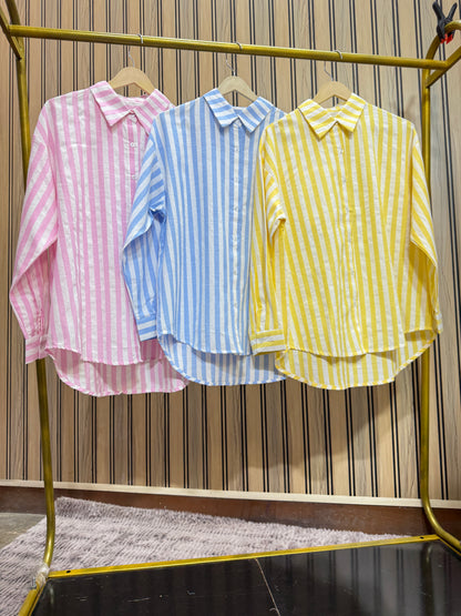 Cotton Lining Stripes Long Shirt for Women