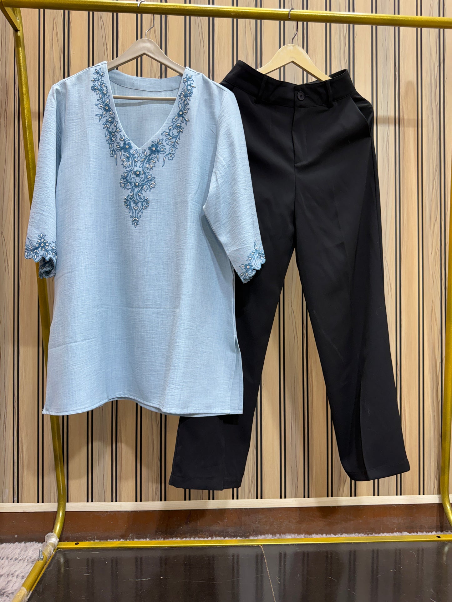 Korean Pants & Short Embroidered Kurti Co-ord Set for Women