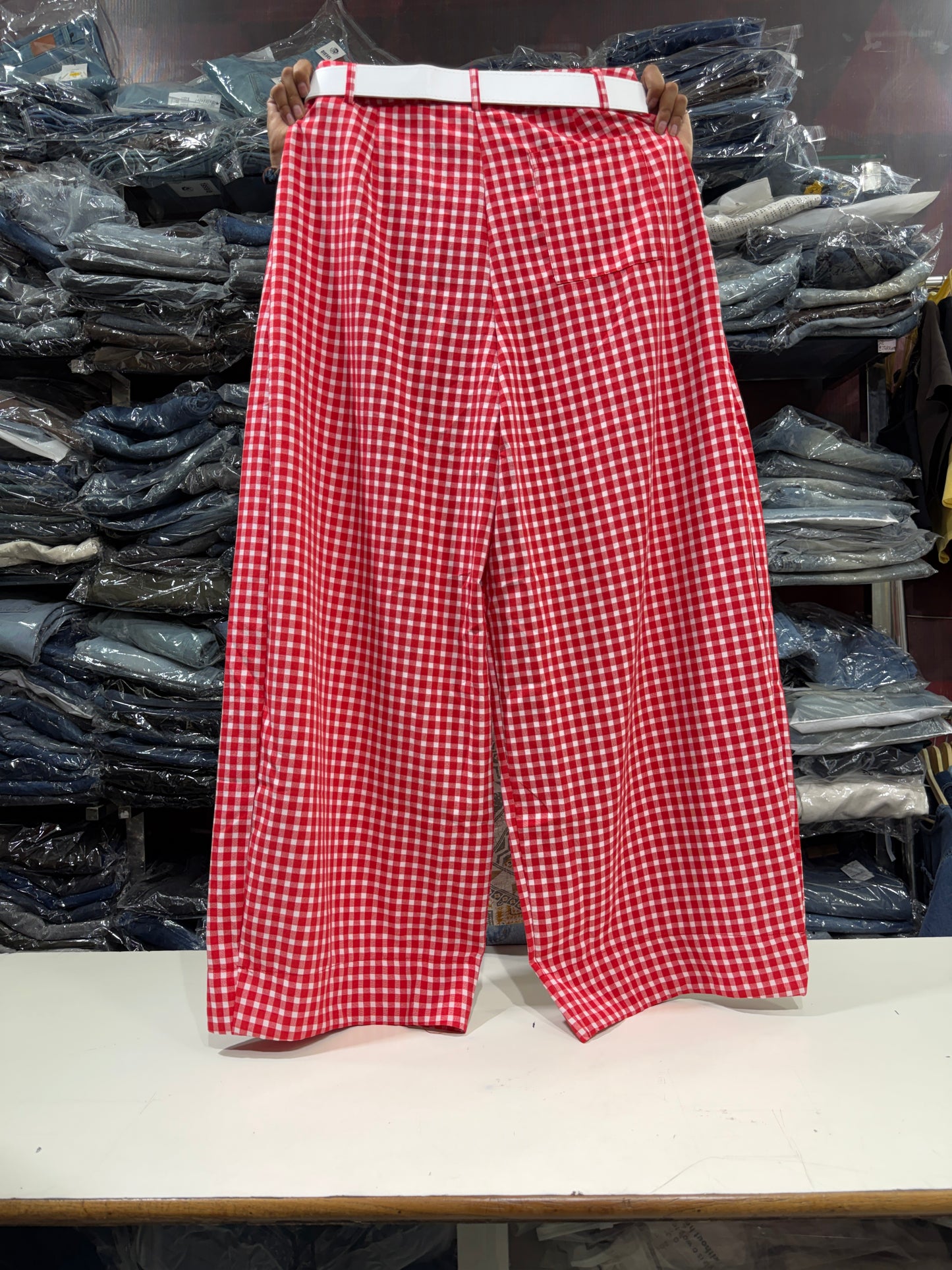 Korean Imported Check Wide Leg Pants with Belt