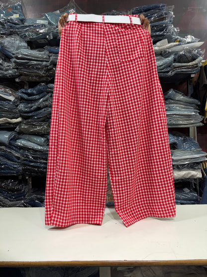 Korean Imported Check Wide Leg Pants with Belt