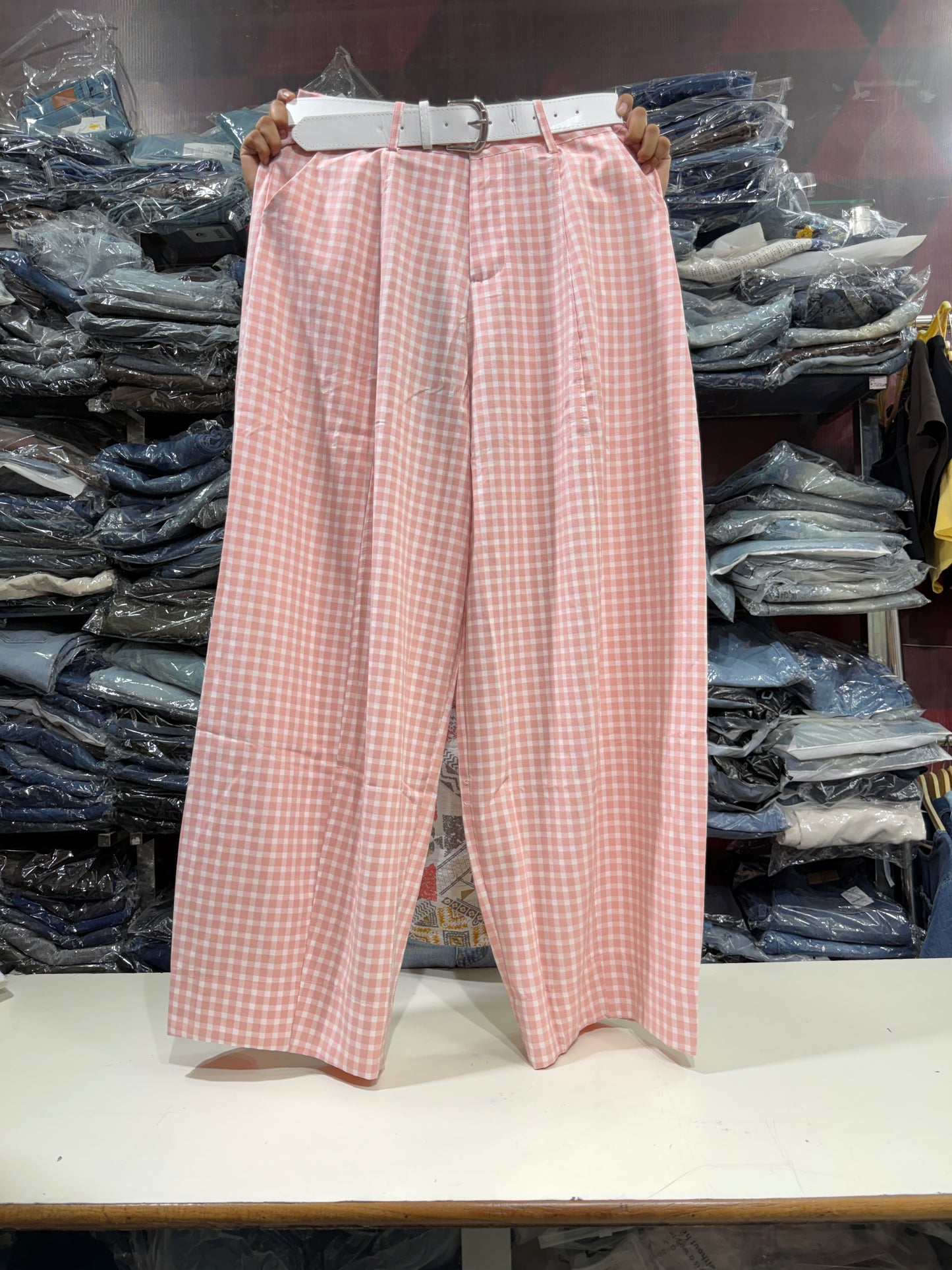 Korean Imported Check Wide Leg Pants with Belt