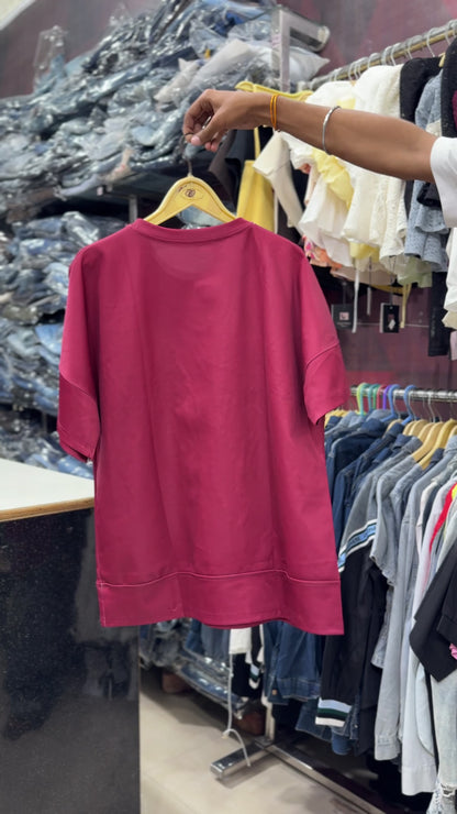 Imported Party Wear Oversized Pearl & Stone Bow T-Shirt